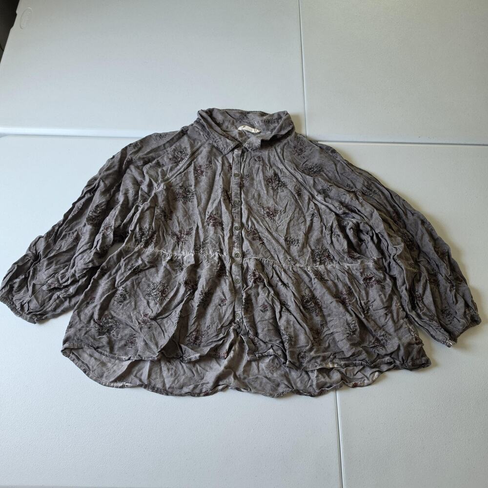 Lucky Brand Tunic Blouse Womens XXL Gray Floral Boho Button Long Sleeve Top